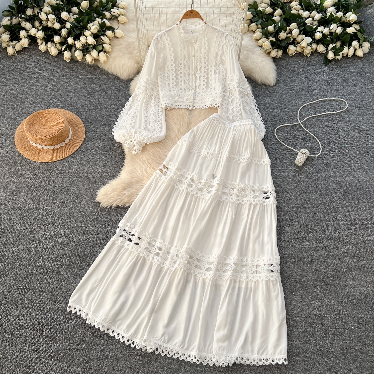 Two Piece Dress 2025 Spring Holiday Hollow Out Embroidery 2 Piece Sets Women Lantern Sleeve Short Loose Shirt Top A-Line Pleated Skirts Suit