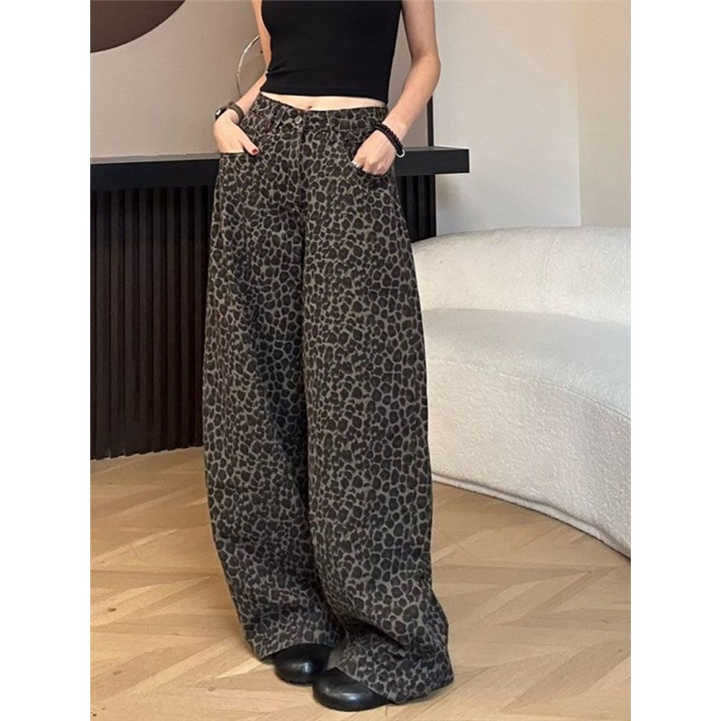 Leopard Print Womens Jeans High Waist Vintage Design Straight Baggy Pants Street Y2K American Style Wide Leg Denim Trouser