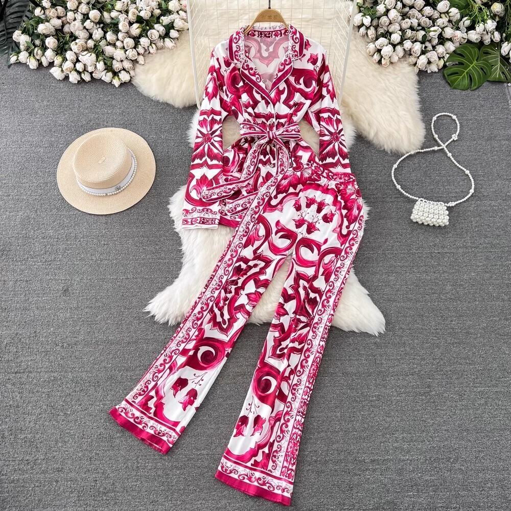 Autumn Red White Porcelain Ral Two-Piece Set Women Shirts Long Tops Wide Leg Flare Pants Suits 2Pcs Outfits