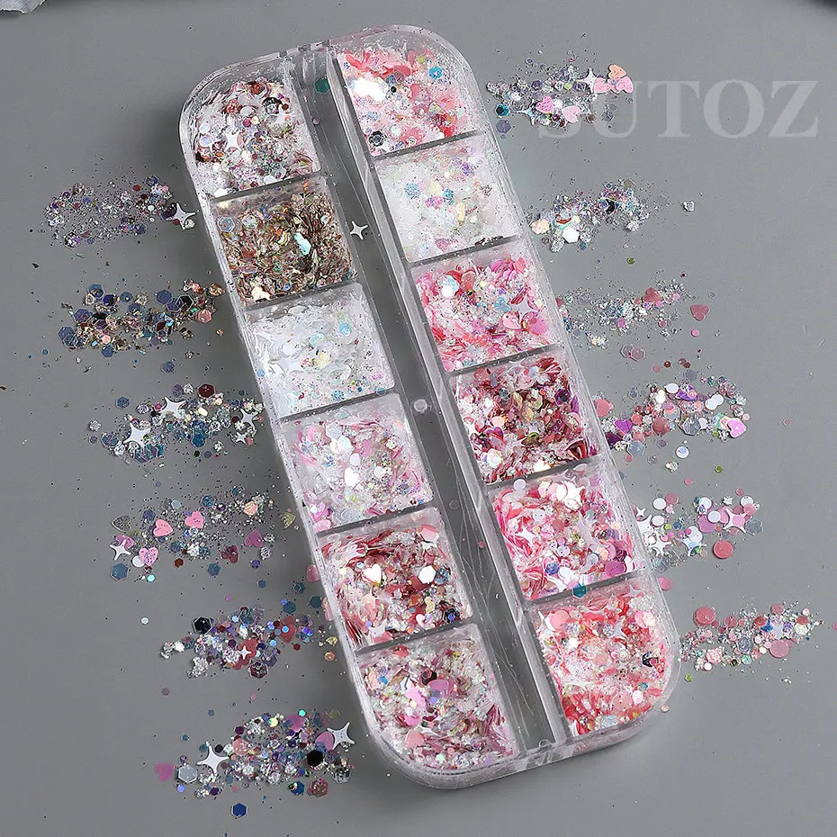 Heart shaped Nail Art Sparkling Glitter Holographic Pink Star Round Hexagonal Oil Painting Ergonomic Decoration LEXMSH 241213