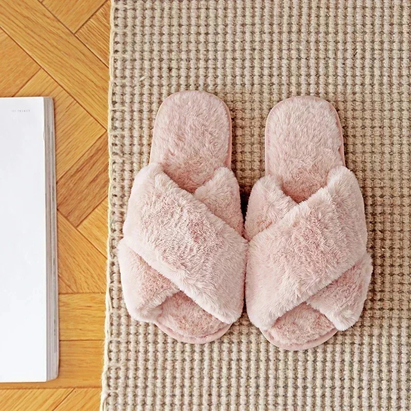Winter Women House Slippers Faux Fur Fashion Warm Shoes Woman Slip on Flats Female Slides Black Pink cozy home furry slippers 241214
