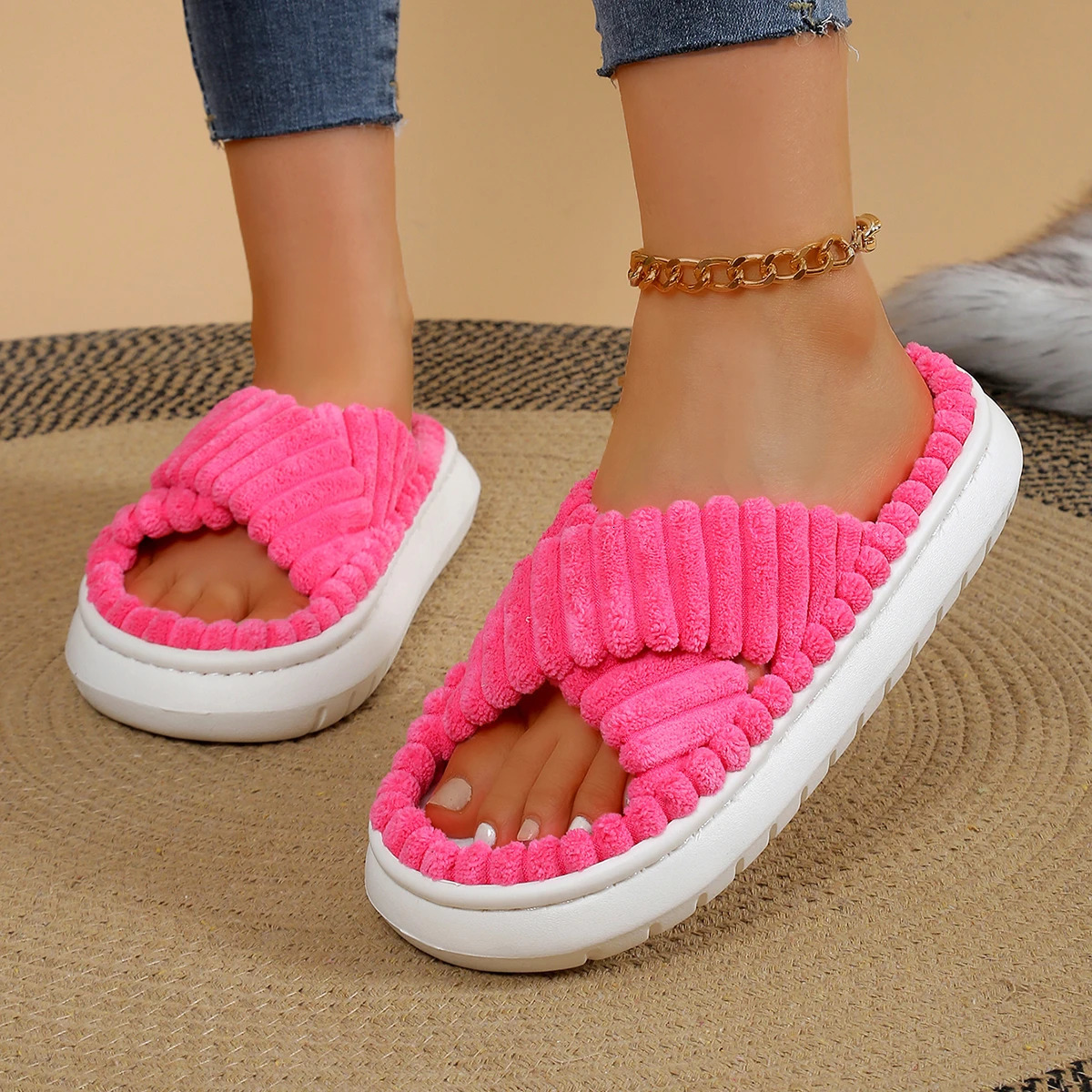 Autumn Winter Corduroy Home Slippers Women Cross Band Thick Soft Sole Slides Platform Shoes Woman Non Slip Indoor 241214