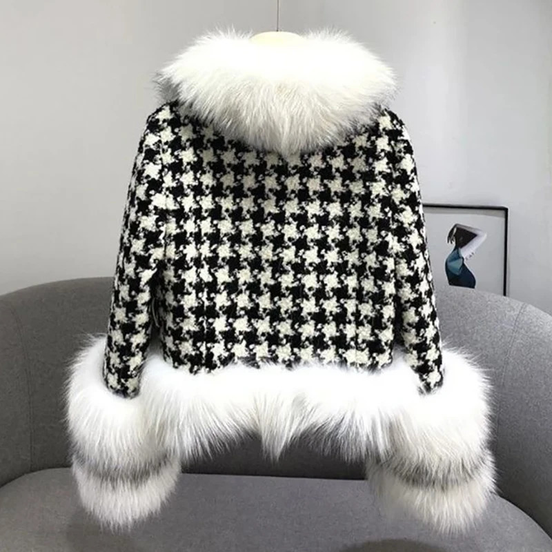 Womens fur coat for autumn and winter ious and warm short style with a checkered fur collar and faux fur jacket fashionable and adjustable waist jacke