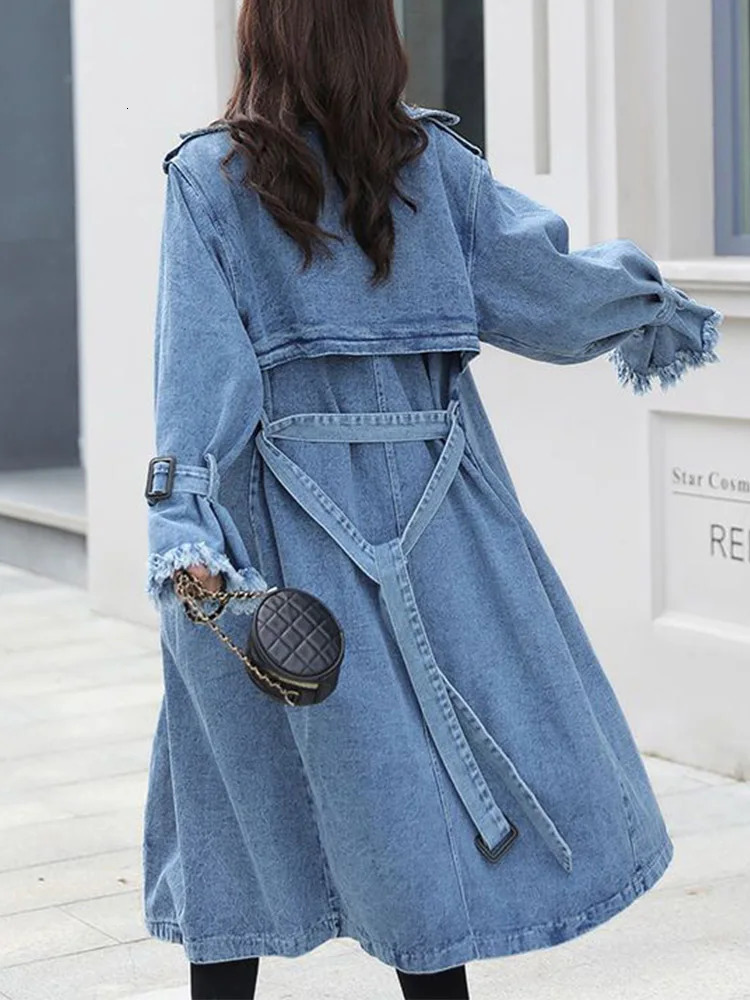 Fitaylors spring and autumn womens fashionable denim collar jacket double chest lace long retro solid color 241211