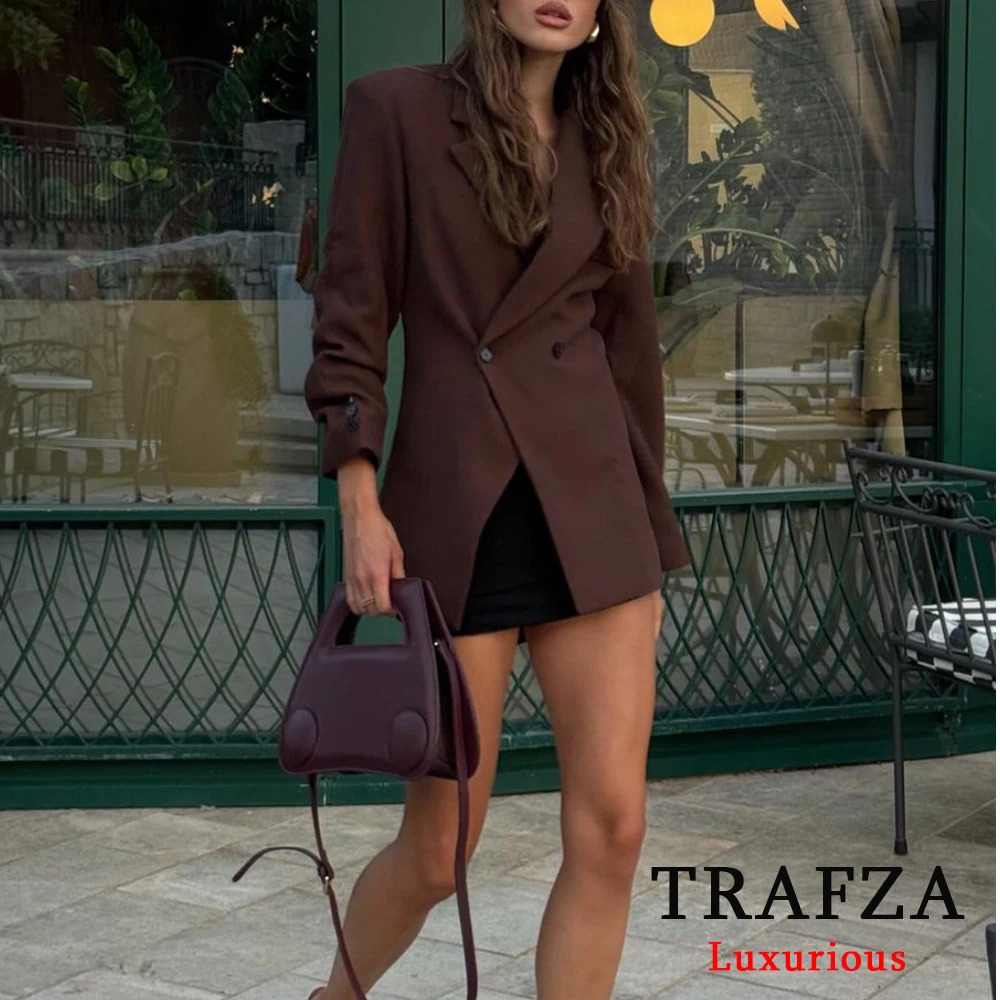 TRAFZA Office Lady Brown Slim Blazer Women V Nwck Long Sleeve Blazers Fashion Autumn Winter Street Pockets Outwears 241209