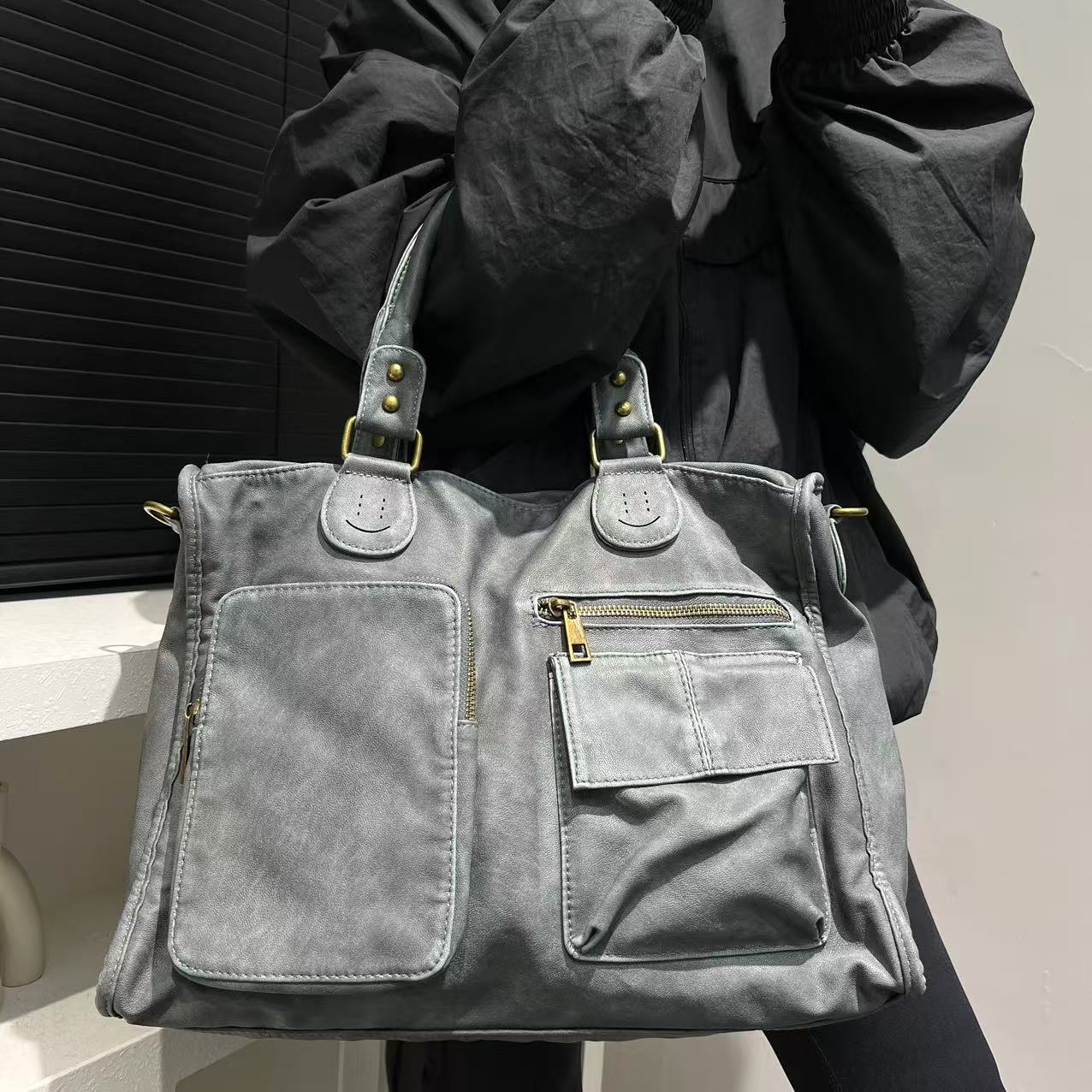 TEMU Women's Fashionable Multi Pocket Spicy Girl Motorcycle Tote Washed And Worn Single Shoulder Diagonal Cross Bag