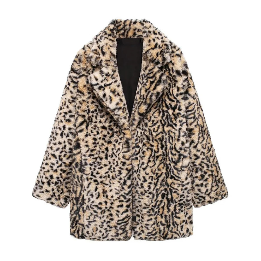 RARF Autumn Womens European and American Style Animal Pattern Printed Artificial Fur Effect Coat 241211