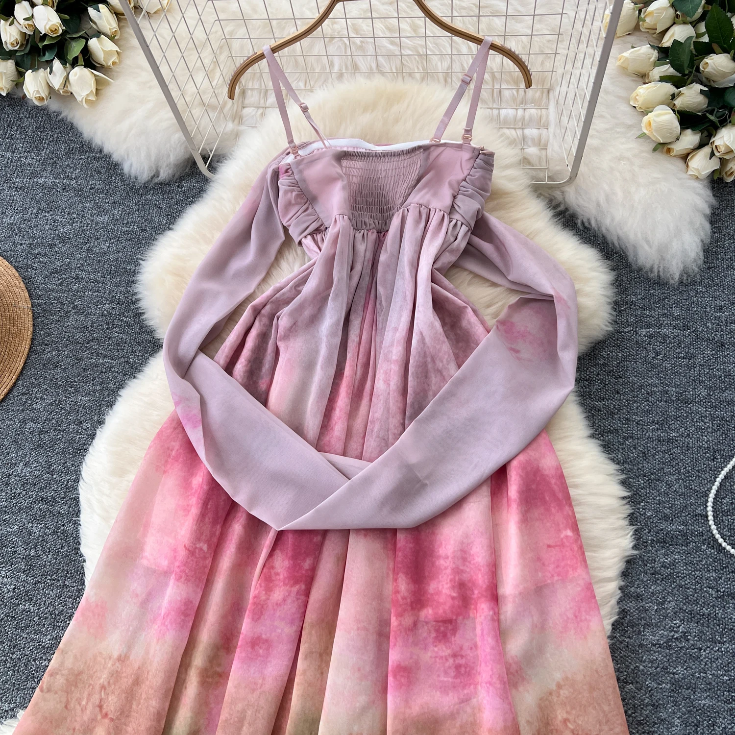 Basic Casual Dresses Holiday Beach Maxi Dress for Women Tie Dye Print Spaghetti Strap Off-shoulder Vestidos De Mujer A-line Chiffon Dresses Dropship 2