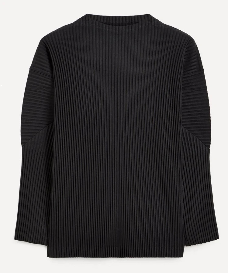 Miyake pleated mens long sleeved T-shirt fashionable classic black turtle neck top 241210