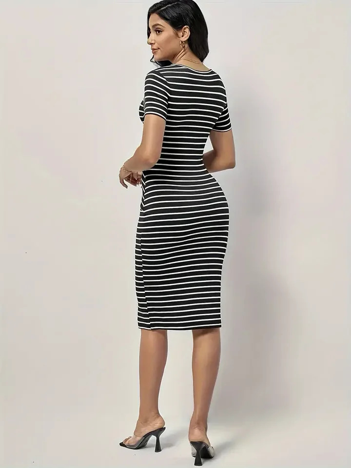 Summer in Europe and the United States long stripe womens fashion slim short sleeve loose thin dress 241212