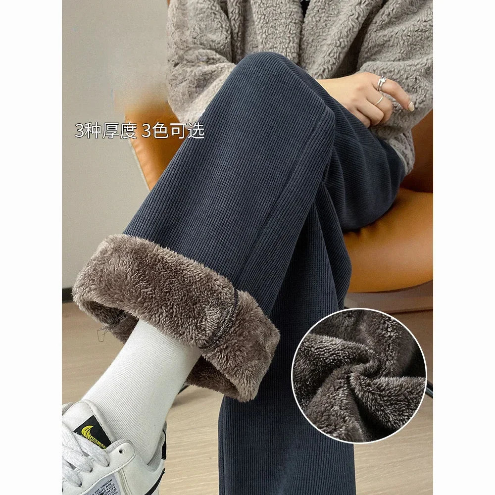 Korean Winter Wide Leg Pants Womens Autumn Plush Pants Womens Super Thick Cashmere Warm Straight Pants Womens Slow Running Pants 241211