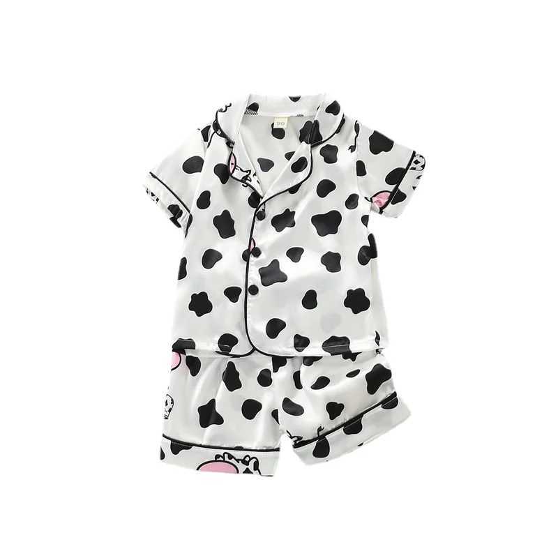 Clothing Sets Boys Girls Kids Pajama Sets Cartoon Cow Short Sleeve T-Shirt Tops with Pants Toddler Baby Sleeping Clothes Pijamas Sleepwear H241214