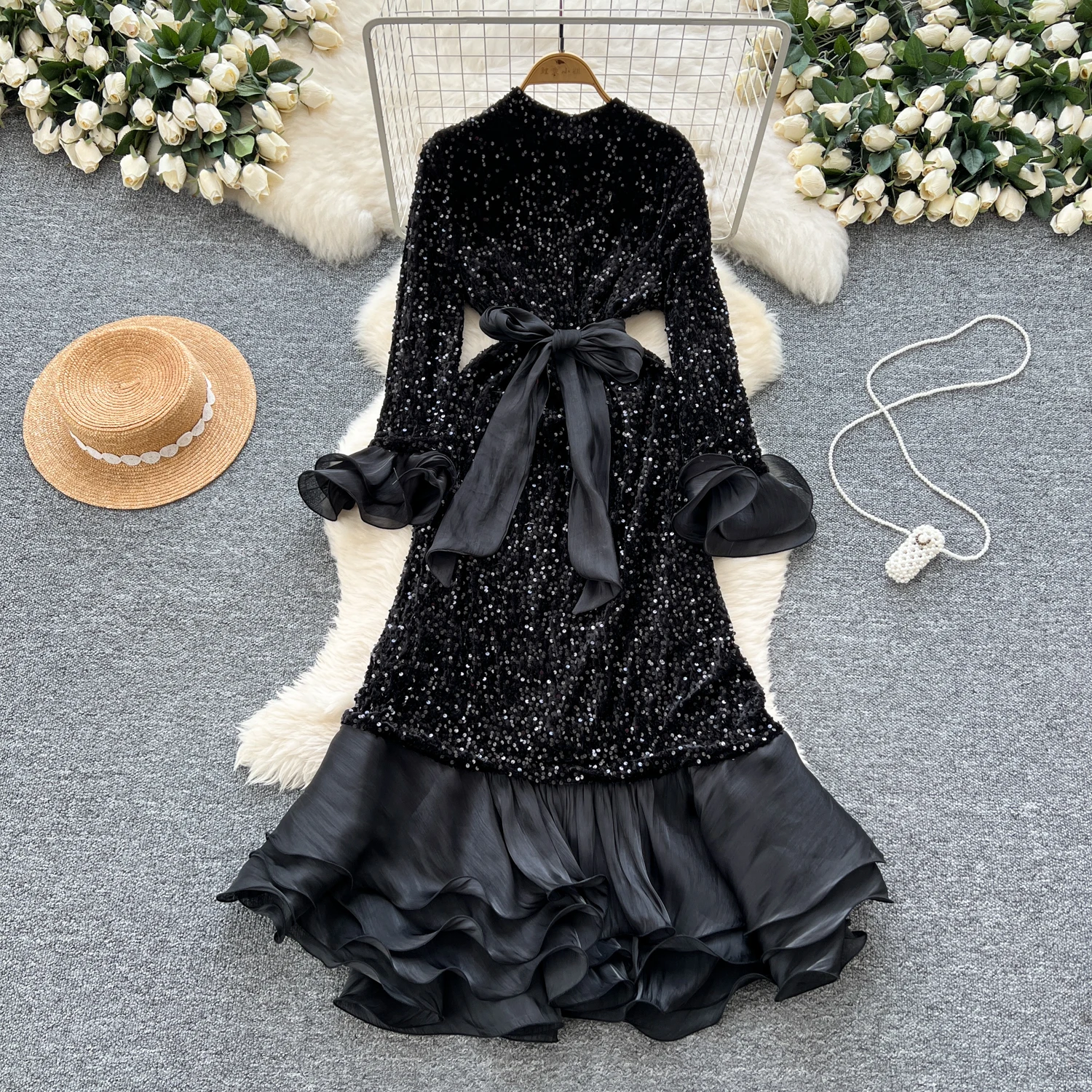 Basic Casual Dresses Bodycon Mesh Patchwork Fishtail Dress Women Long Flare Sleeve Dresses Sequins O Neck Luxury Evening Party Vestidos Dropshipping