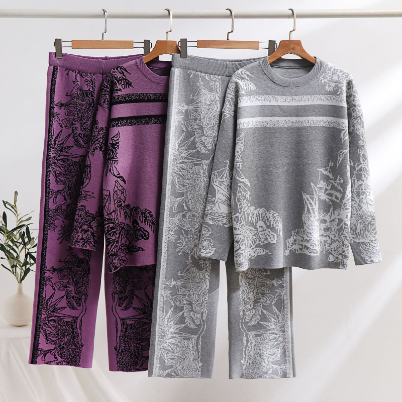 Vintage Elegant Loungewear 2Pcs Pants Set Ink Ral Knit Sweater Matching Casual Knitted Two Piece Sets Women