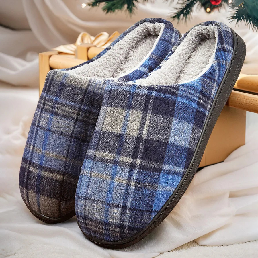 mens house slippers plaid furry comfy memory foam casual family shoes winter warm soft bedroom 241214