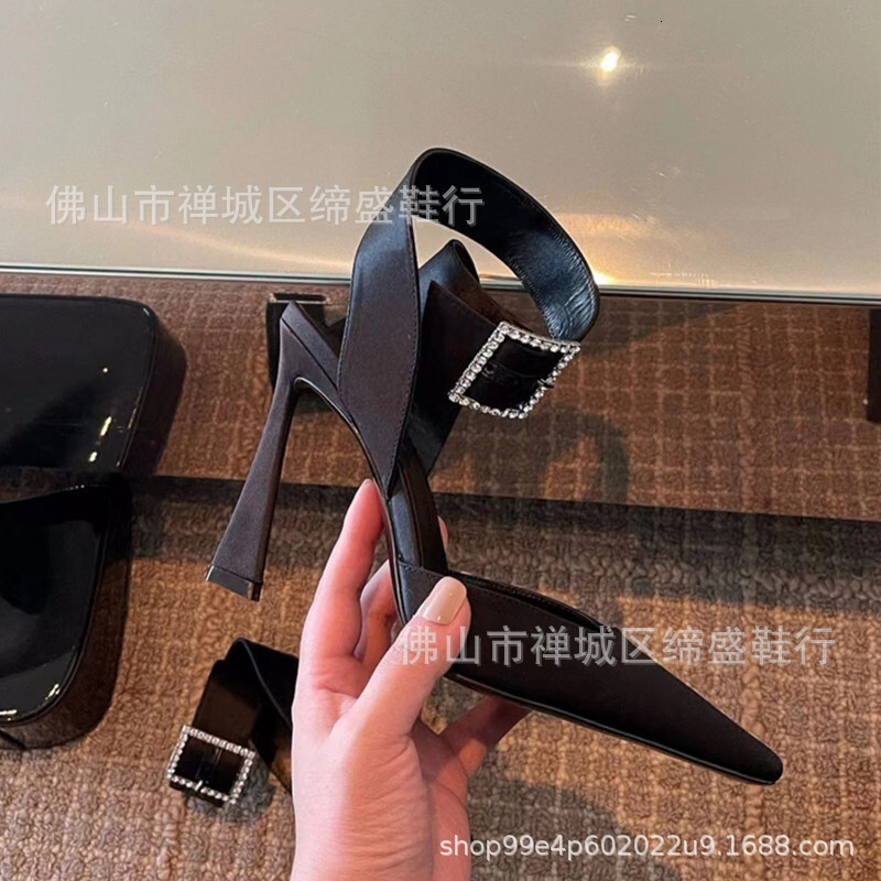 Spring Summer New Slim Toe Water Diamond Buckle Sandals For Women, With Satin Straps An Empty Square Toe, Shallow Mouth, And Elegant High Heels