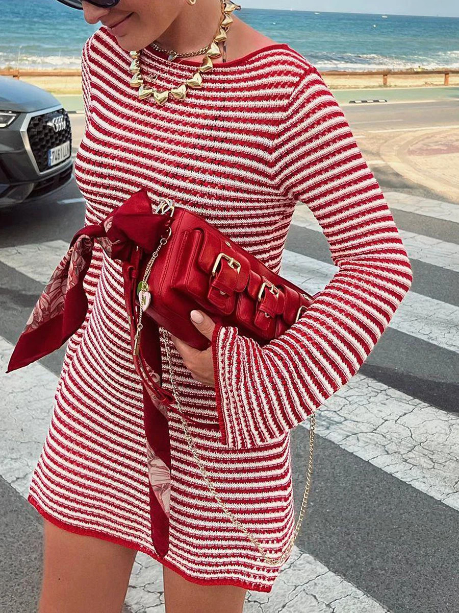 Womens Bodycon Knitted Dress Striped Round Neck Long Sleeve Casual Autumn Short Skirt 241212