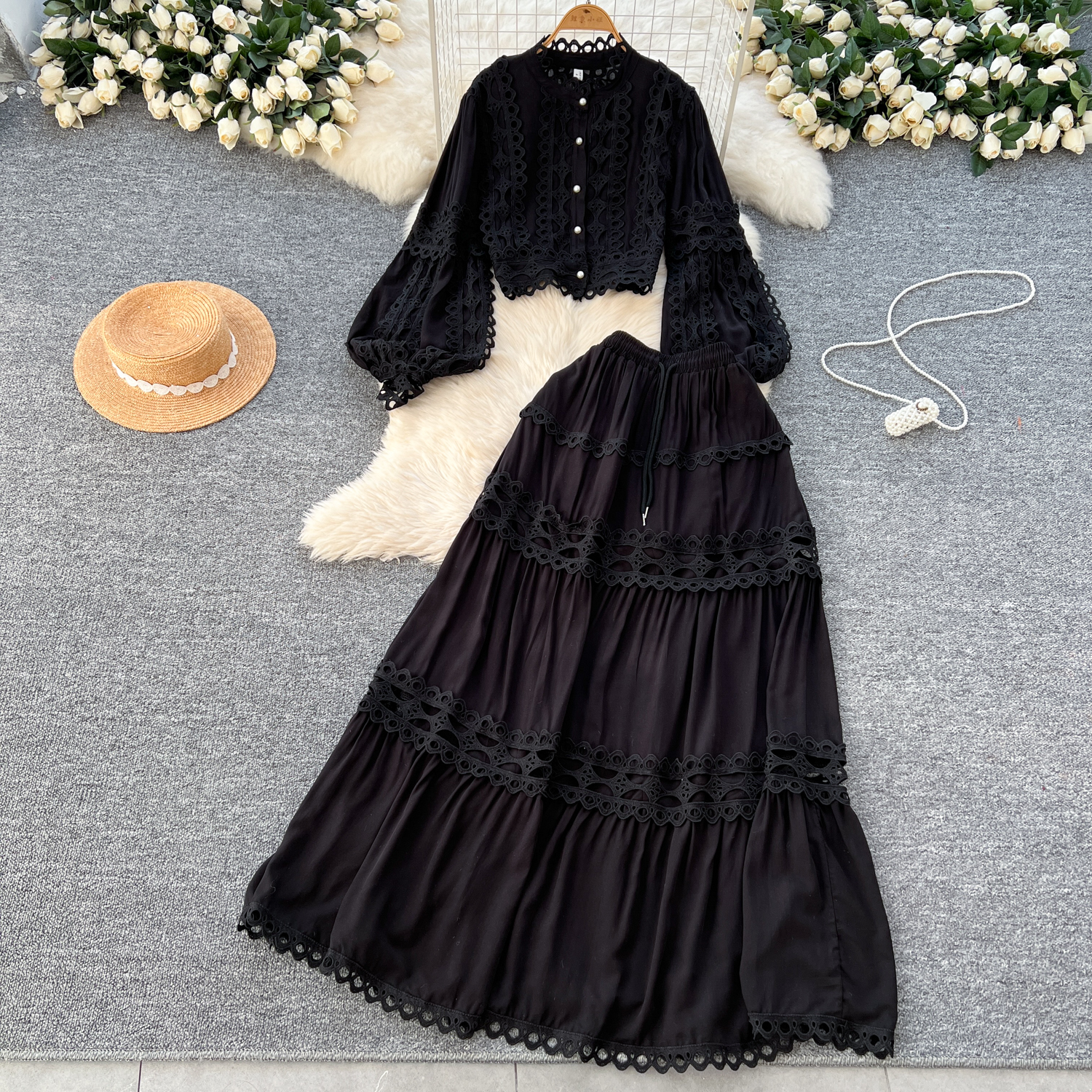 Two Piece Dress 2025 Spring Holiday Hollow Out Embroidery 2 Piece Sets Women Lantern Sleeve Short Loose Shirt Top A-Line Pleated Skirts Suit