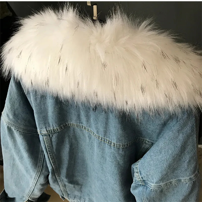 Korean winter detachable large fur collar with sheepskin lining denim jacket for women loose short black denim jacket for women Chaqueta unprinted ite