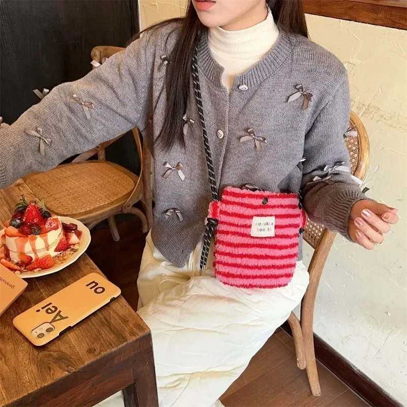 Womens Plush Rainbow Dot Cute Small Bag Pink Shoulder Cross Body Bag Portable Striped Mobile Shopping Bag 241213