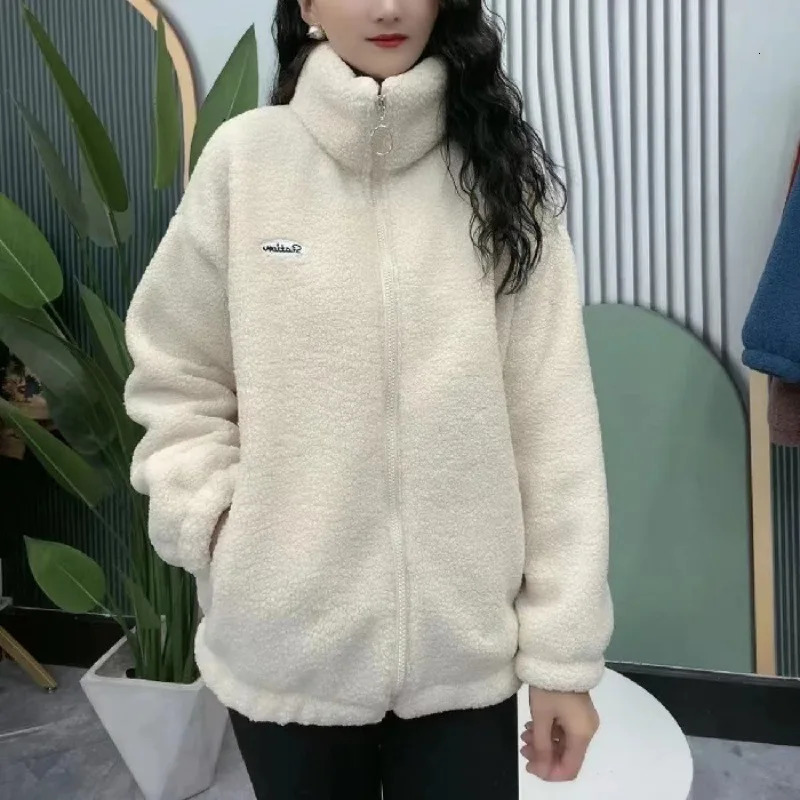 Women Polar Fleece Coats Solid Color Autumn Winter Thicken Warm Jackets Casual Streetwear Ladies Zipper Stand Collar Outerwear 241210