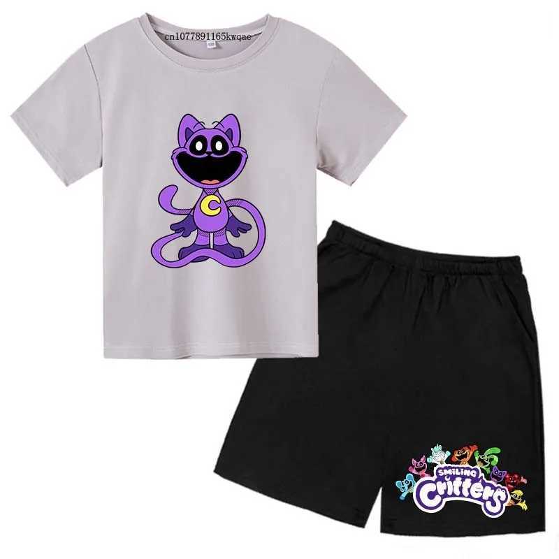Clothing Sets Smiling Critter Kids Summer Casual Cartoon Print O-neck Tees+Shorts 2pcs Sports Suits 2-13Years Boys Girls Outfits Children Sets H241214