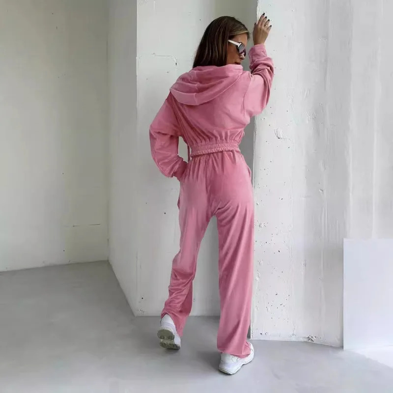 Velour Tracksuit Womens 2 Piece Sweatshirt Weatpants Set Full Zip Hoodie with Pocket Causal Sportswear Autumn 241209