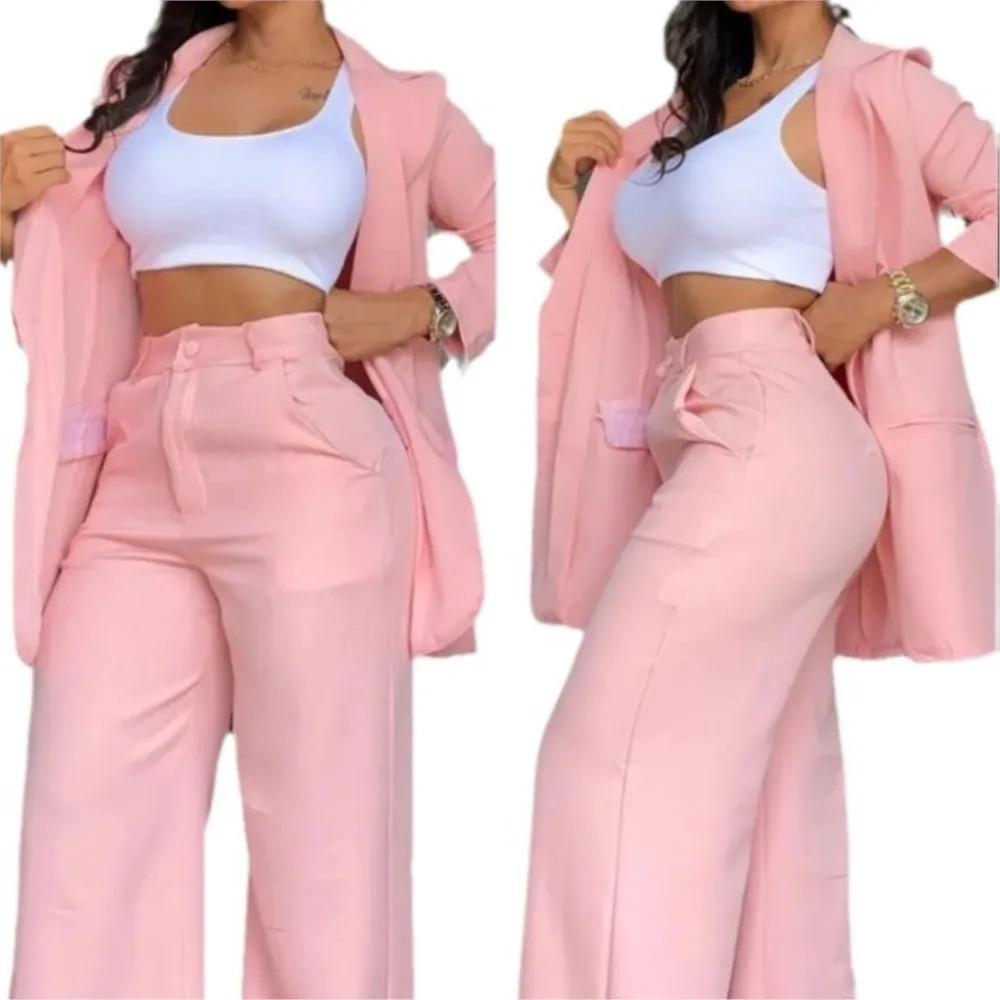 Womens Elegant Suits 2024 SpringAutumn Latest Notched Collar Blazer Long sleeved Coat Pocket n Button Pants Set 241203