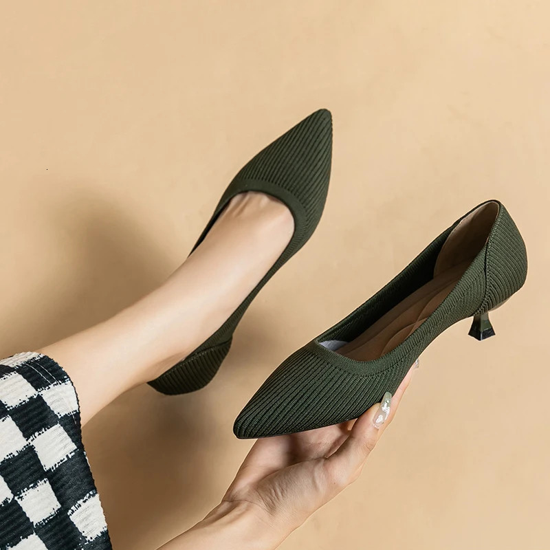 Womens large shoes high heels solid color knitted breathable rubber non slip sole spring and automatic latex sole 241213