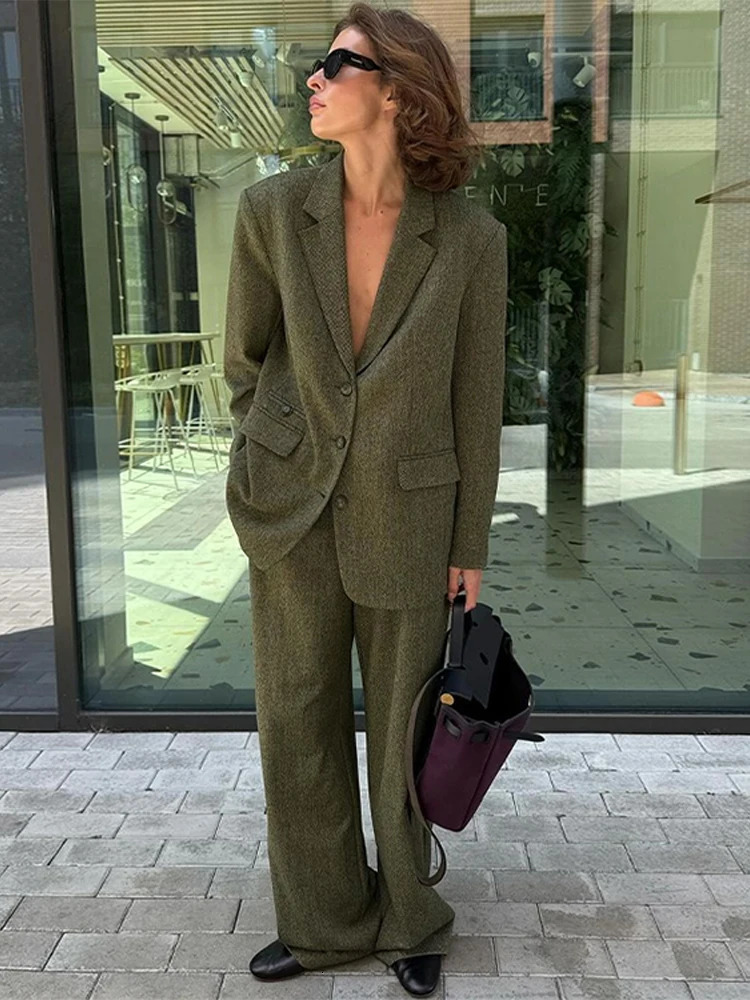 Casual 2 Pieces Sets For Women Elegant Turndown Collar Long Sleeve Coat High Waist Trousers Loose Autumn Female Suit 241203