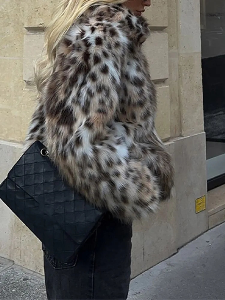 UCXQ Fashion Leopard Print Faux Fur Coat For Women Lapel Long Sleeve Chic Jacket Female Autumn Winter Outerwear C2781 241211