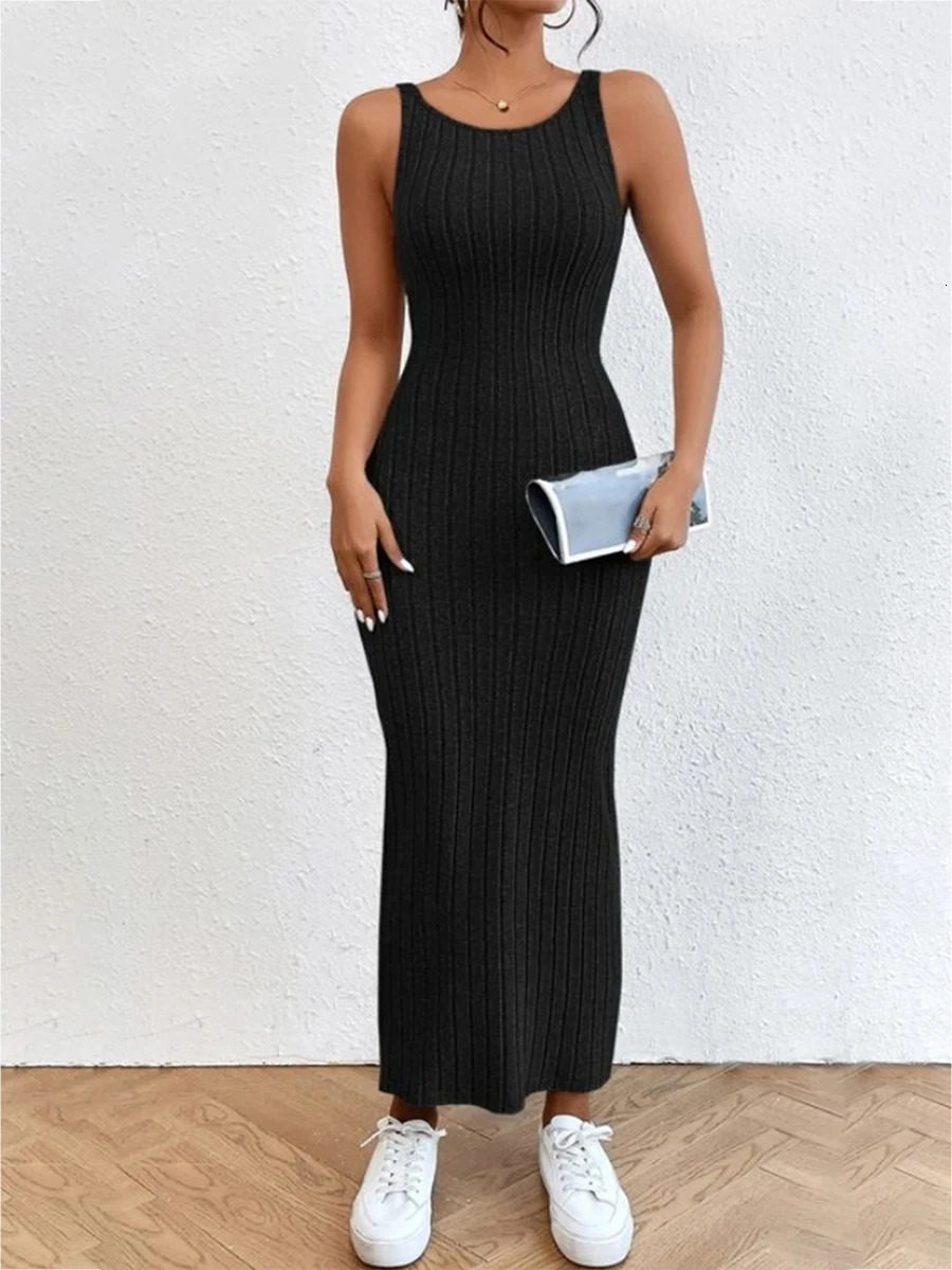 FOMOYUU Ribbed Knitted Long Body Strap Dress Sleeveless High Neck Party Side Seam Womens Wear 241212
