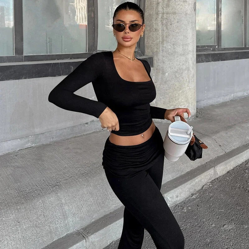 Autumn Women 2 Piece Sets Classic Basic Full Sleeve Uneck Crop Tees High Waist And Slim Pants Female Matching Suits 241209