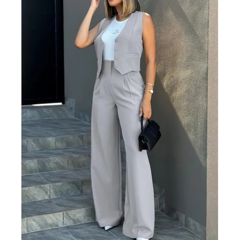 Casual Suits Womens Commute Tracksuit Button Vest Wide Leg Pants Suit Solid Tracksuit Elegant Ladies Loose Pants 2 Pieces Set 241214