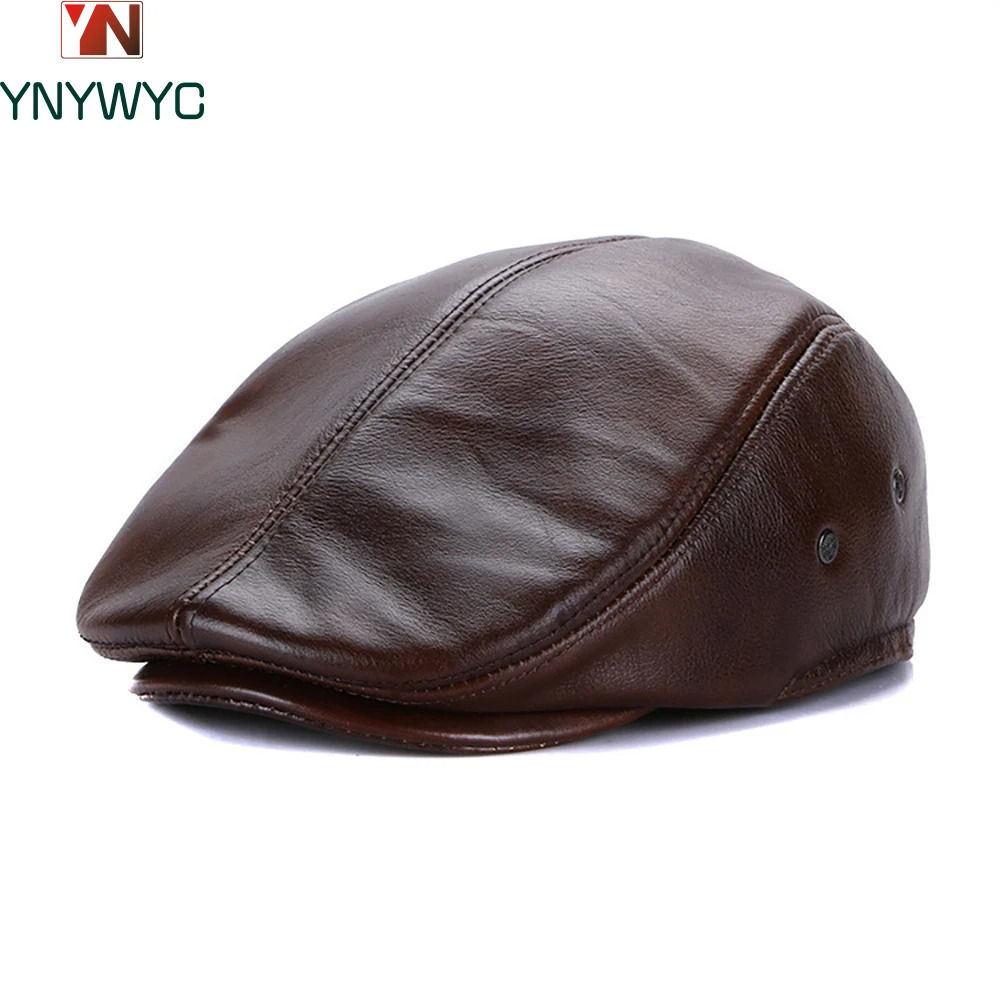 Lvy mens thick ear flaps genuine denim leather solid classic driving hat winter flat beret black warm duckbill 241210
