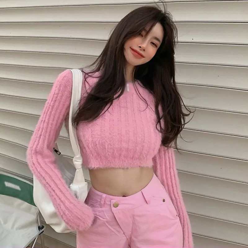 Home>Products>Womens crop tops>Round neck camouflage sweaters>Ultra thin knitted sweaters>Fluffy long sleeved sweaters 241211