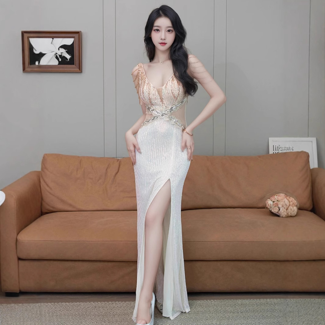 F150 Evening Dress Women's Banquet Temperament Light Luxurious Niche Shining High-end Atmosphere High-end Hosting Annual Meeting Long Dress