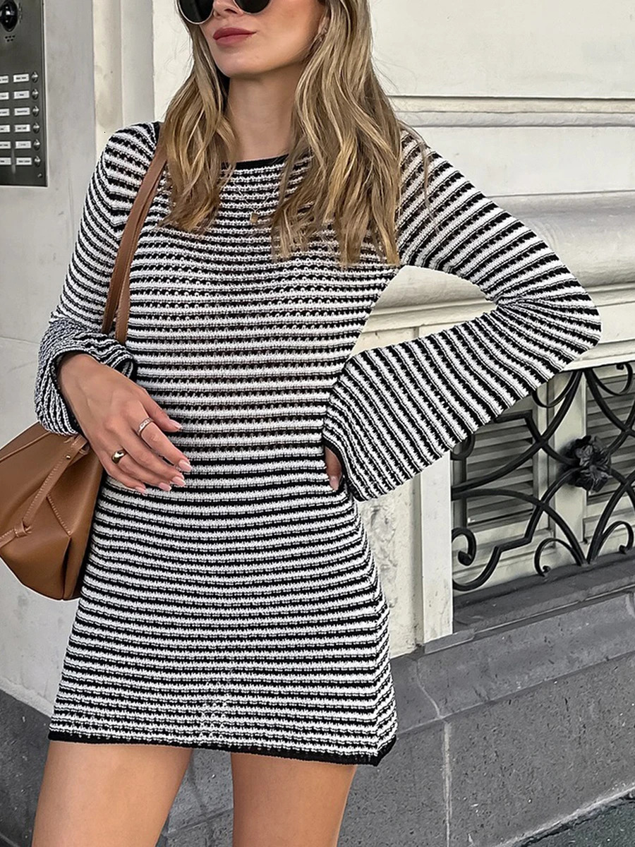 Womens Bodycon Knitted Dress Striped Round Neck Long Sleeve Casual Autumn Short Skirt 241212