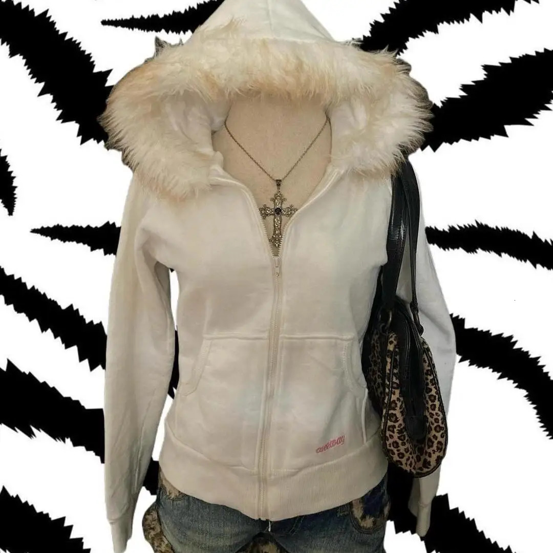 Y2k niche fashion solid fur collar slim fit hoodie suitable for fresh Korean street zipper sportswear in winter warm cardigan 241209