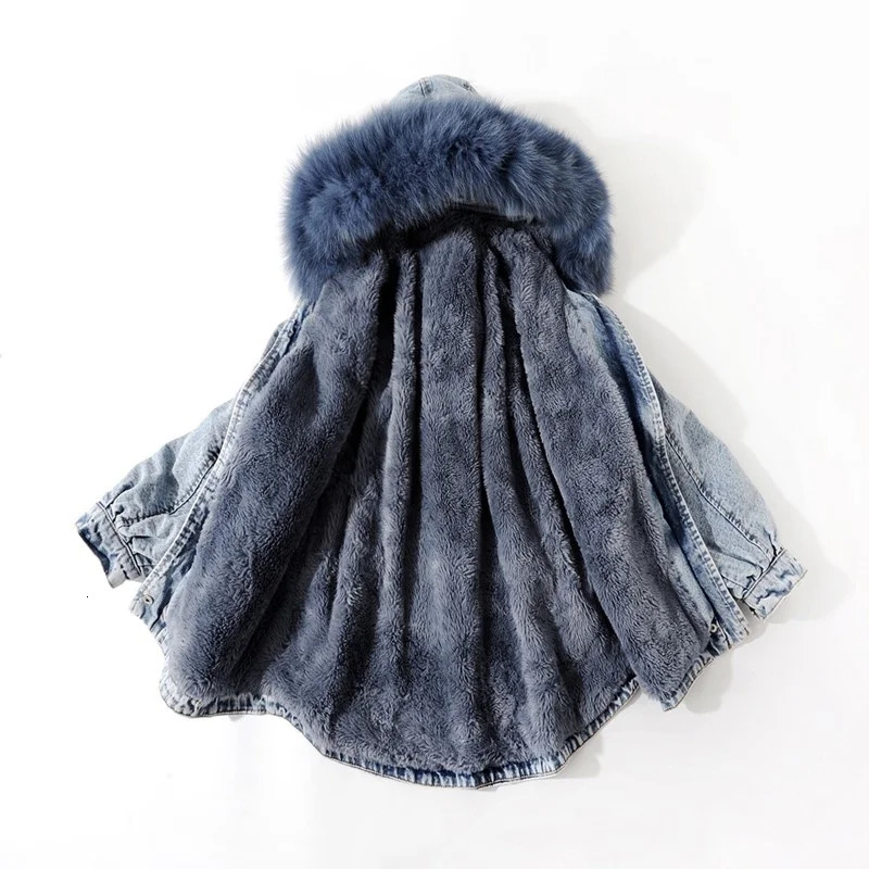 High quality womens winter fur lining warm loose jacket denim jacket fox fur collar hooded casual jacket denim jeans jacket 241210