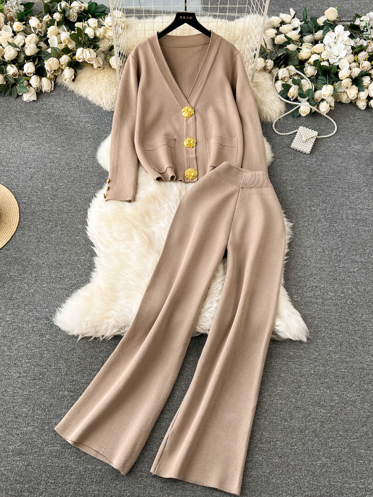 Women Casual Long Sleeved Cardigan Sweater Wide Leg Pants Knitted 2 Piece Set Y2k Korean Fashion Tide Elegant Suits Autumn