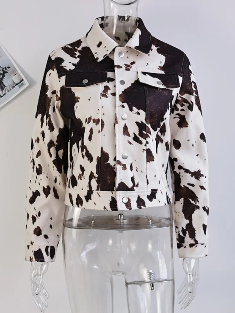 Fashion Comparison Printed Jacket Womens Retro Casual Collar Single Chest Long Sleeve Pocket Jacket Autumn Womens High Street Clothing 241214