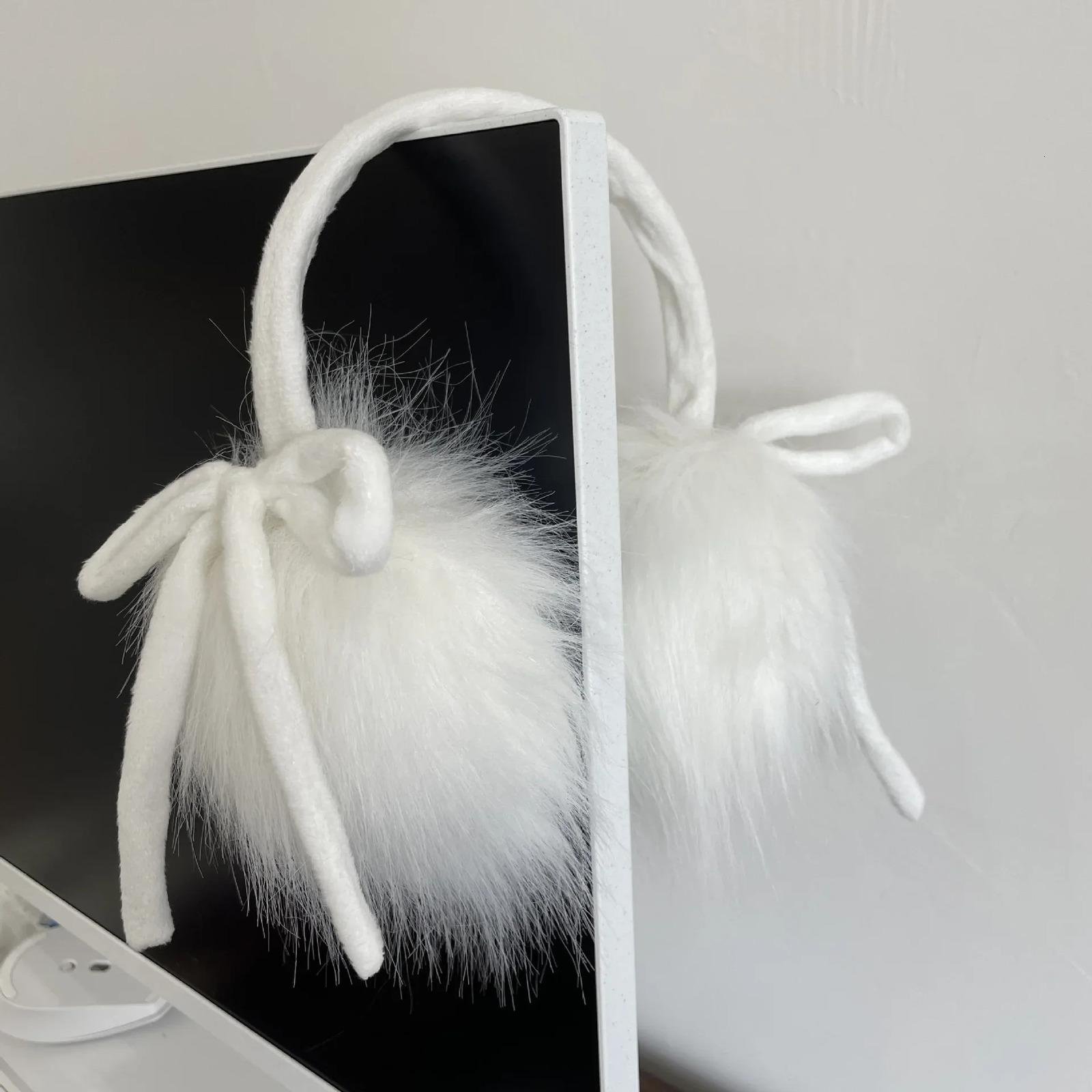 White bow ear cushions plush rabbit fur womens winter warm ear cushions riding windproof ear cushions Japanese JK accessories 241211
