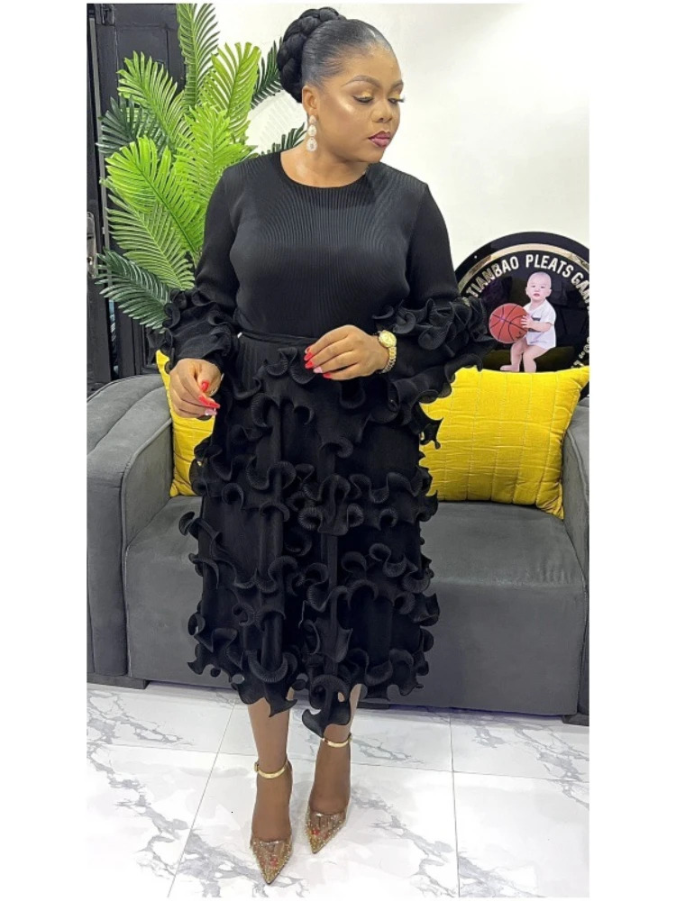 EGRM Belt Pleated Miyake Dress Fashion Round Neck Long Sleeves Fungus Spliced Solid Elegant Dresses For Women New 5Gr2974