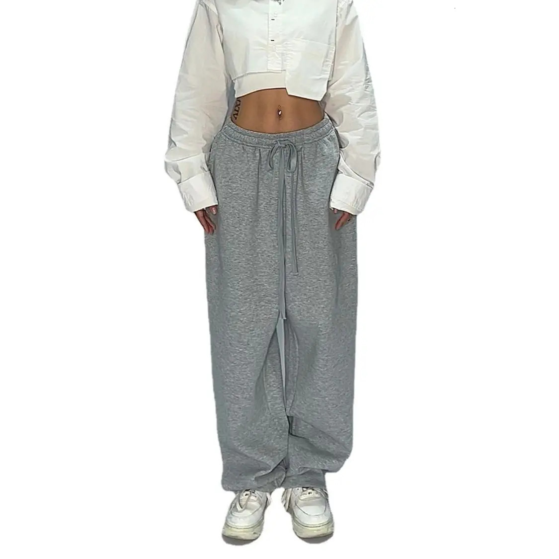 Y2K gray jogging pants for women hippie streetwear oversized sports loose straight wide legs Trouser Korean style 241212