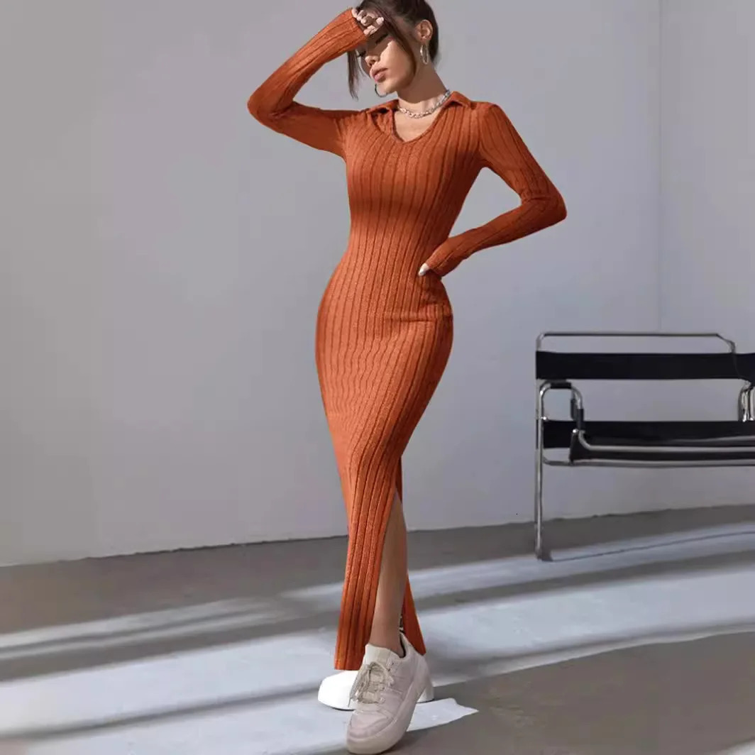 2024 SpringSummer Womens Knitted Weight Loss Collar Fashionable Casual Elegant Pit Strip Solid Color Long Dress 241212