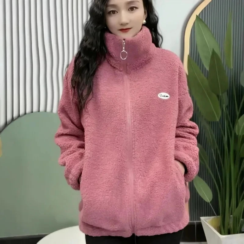 Women Polar Fleece Coats Solid Color Autumn Winter Thicken Warm Jackets Casual Streetwear Ladies Zipper Stand Collar Outerwear 241210