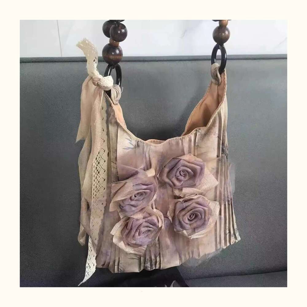 Chinese style grass and wood pad dyed rose flower bag pleated underarm commuting large capacity tote shoulder handbag