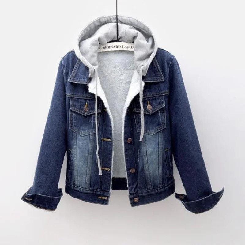 Womens denim wool jacket thick and short in winter detachable hooded comfortable cashmere womens jacket 241210