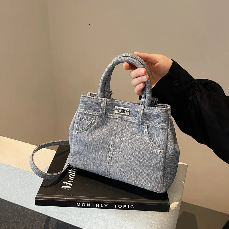Fashion Denim Square Shoulder and Crossbody Bags Hasp Solid PU Simple Exquisite Handbags for Women Personality Trendy 241213